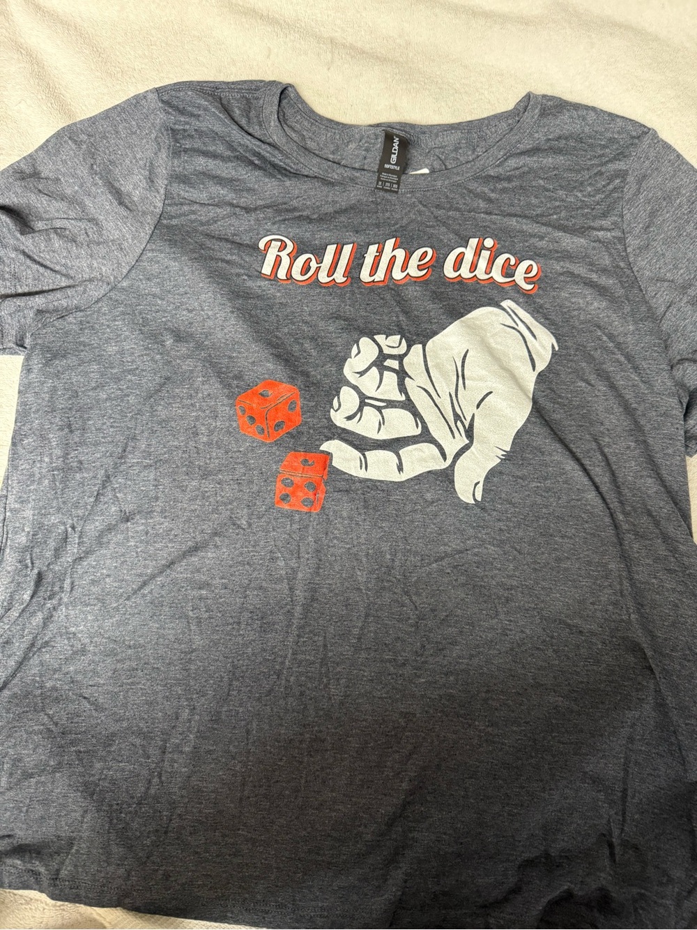 Gildan Heather Gray Tee with White Hand and Orange Dice Graphic